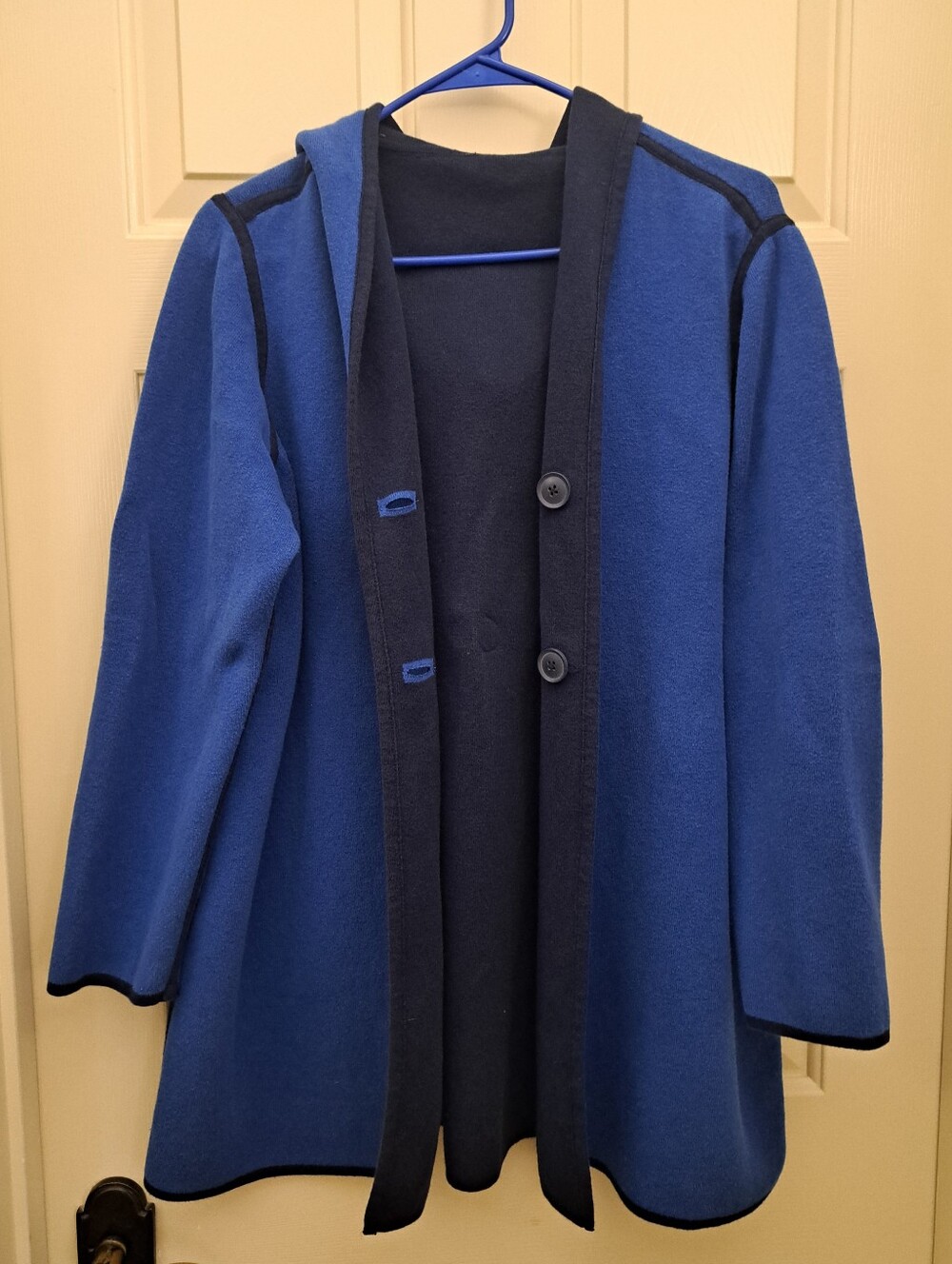 Reversable Blue Hooded Trench Coat with Contrast Trim Women's Size Large - Picture 2 of 6